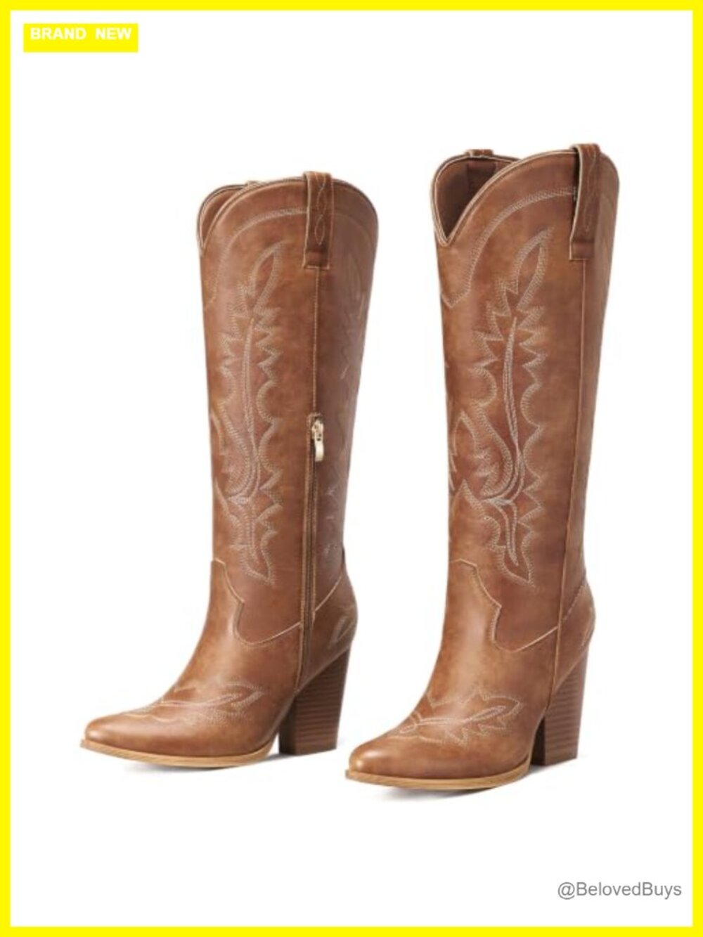 Rollda Knee High Cowboy Boots Women Pointed Toe Chunky Heel Side Zip Western